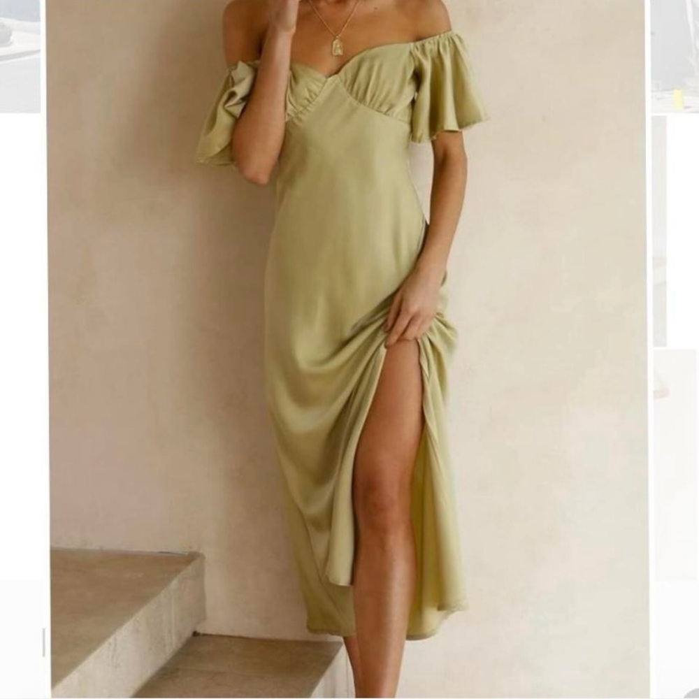 Off-Shoulder Midi Dress in Sage Green